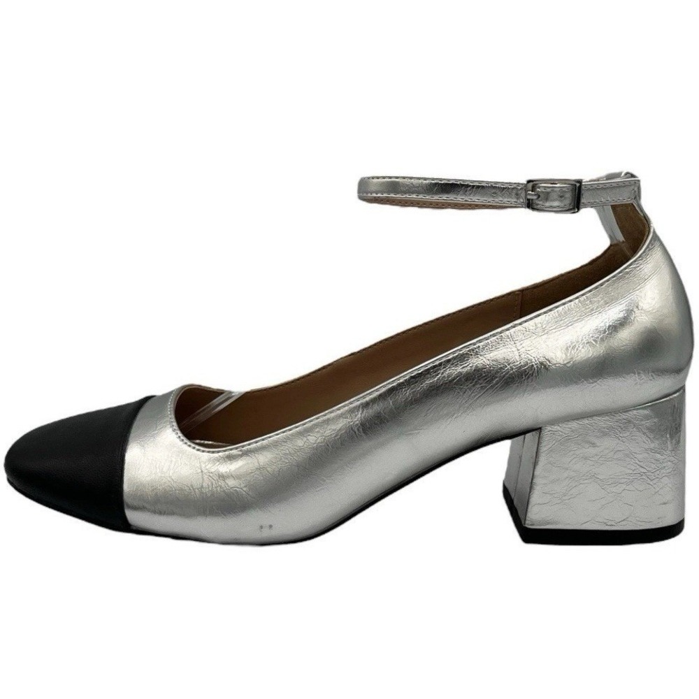 Steve Madden Size 6 Silver Black Block Heel Ankle Strap Pumps NEW Heels ELI $99